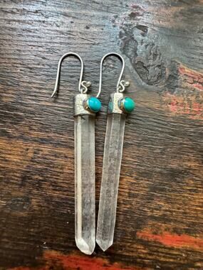 Nepali Quartz Crystal Arizona Turquoise Sterling 925 Silver Earrings 3 inch